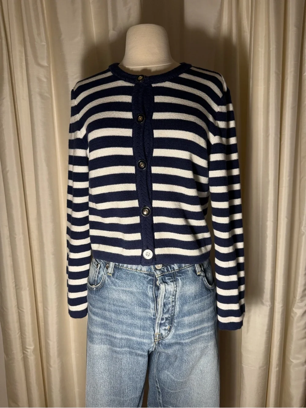 I Crew Navy and White Nautical Striped Crewneck Button Cardigan Sweater